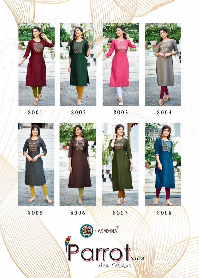 Aradhna Parrot 8 Designer Party Wear Heavy rayon Embroidery Kurti Collection